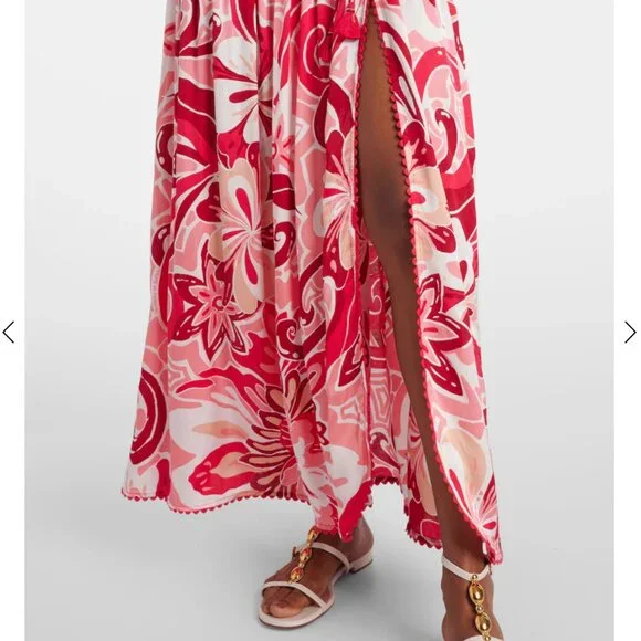 Poupette St Barth Carla Printed Satin Maxi Skirt Size XS Tassel Slit - Picture 3 of 15